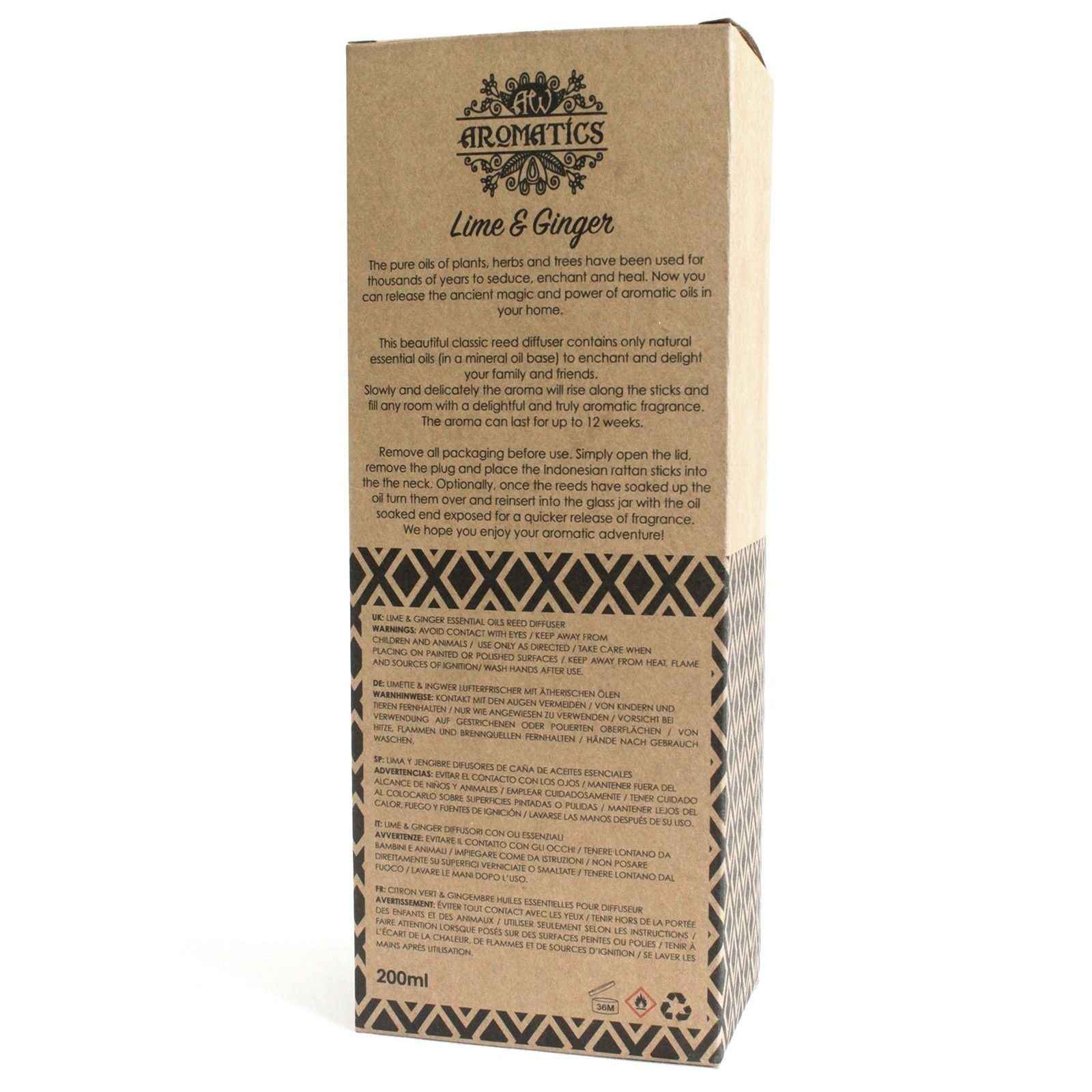 Difuzor cu Bețișoare din Uleiuri Esențiale de Lime & Ghimbir 200ml