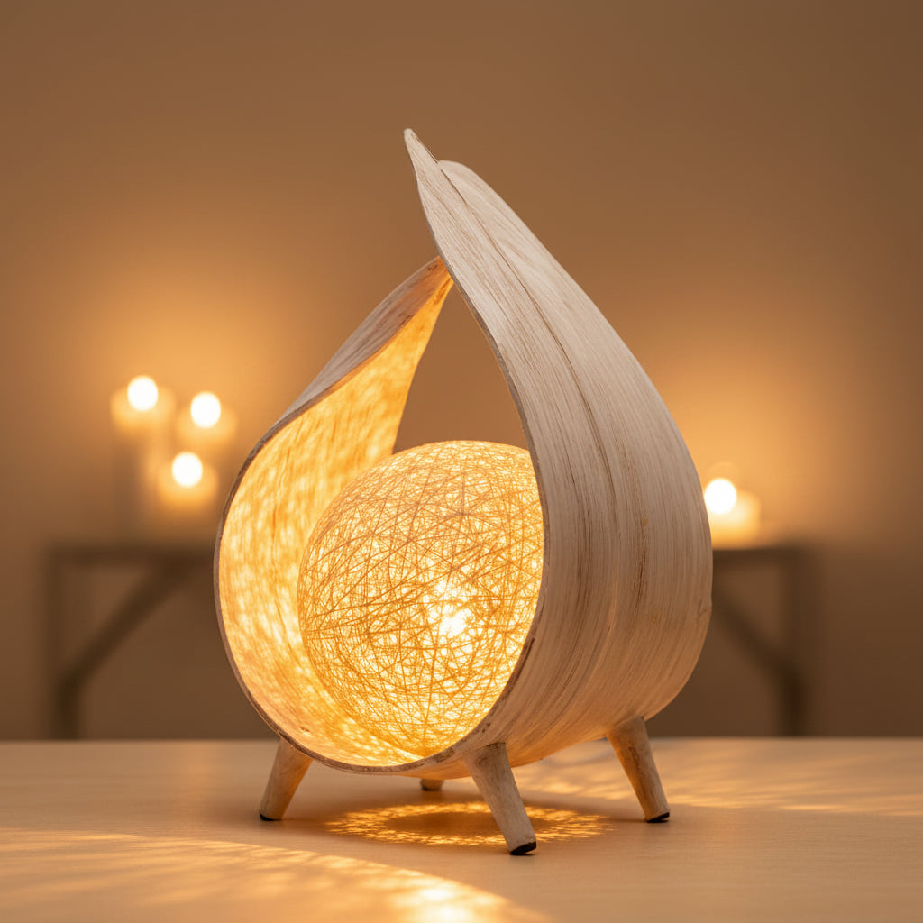 Lampă Naturală din Frunză de Cocos - Înfășurat Alb Spălat