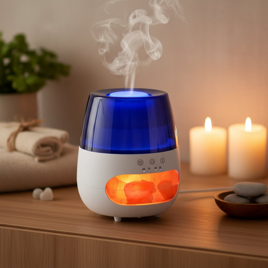 Difuzor Aromaterapie USB | Salt Stone – Efect Flacără, Alb amazio